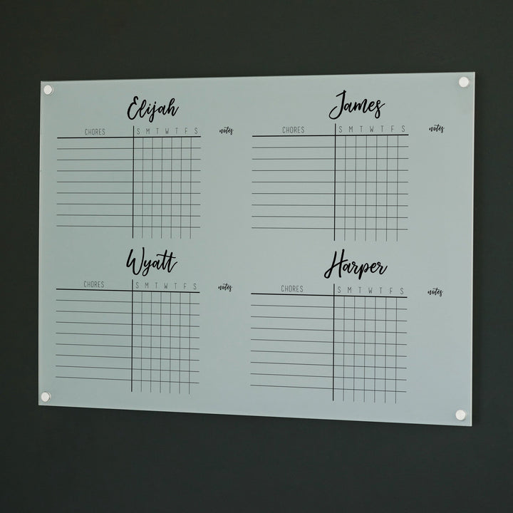 4 Person Frosted Acrylic Chore Chart | Horizontal Traeger