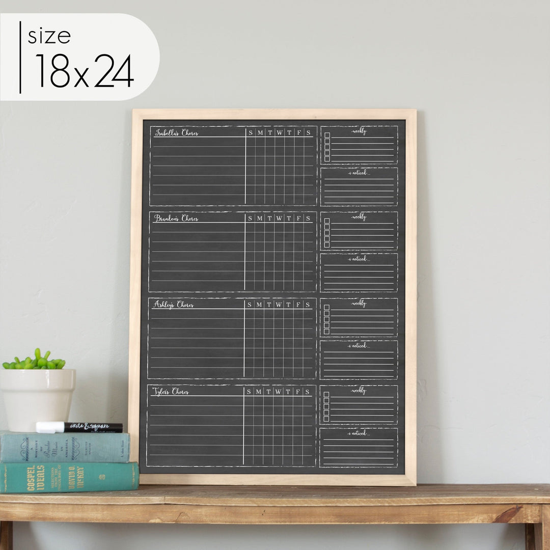 4 Person Framed Chalkboard Chore Chart  | Vertical Knope