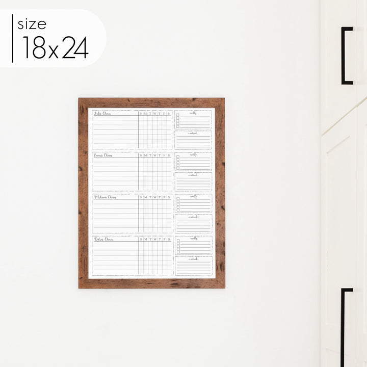 4 Person Framed Whiteboard Chore Chart  | Vertical Knope