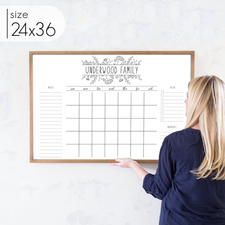 Monthly Framed Whiteboard Calendar + 3 sections | Horizontal Lucy
