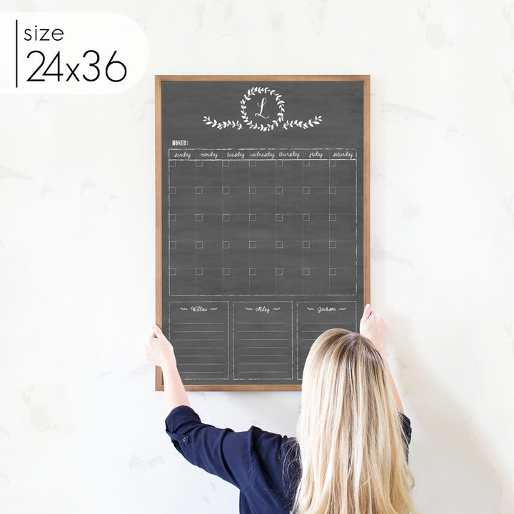 Monthly Framed Chalkboard Calendar + 3 sections | Vertical Donna