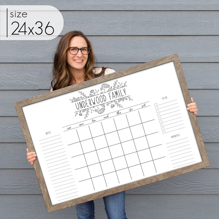 Monthly Framed Whiteboard Calendar + 3 sections | Horizontal Lucy