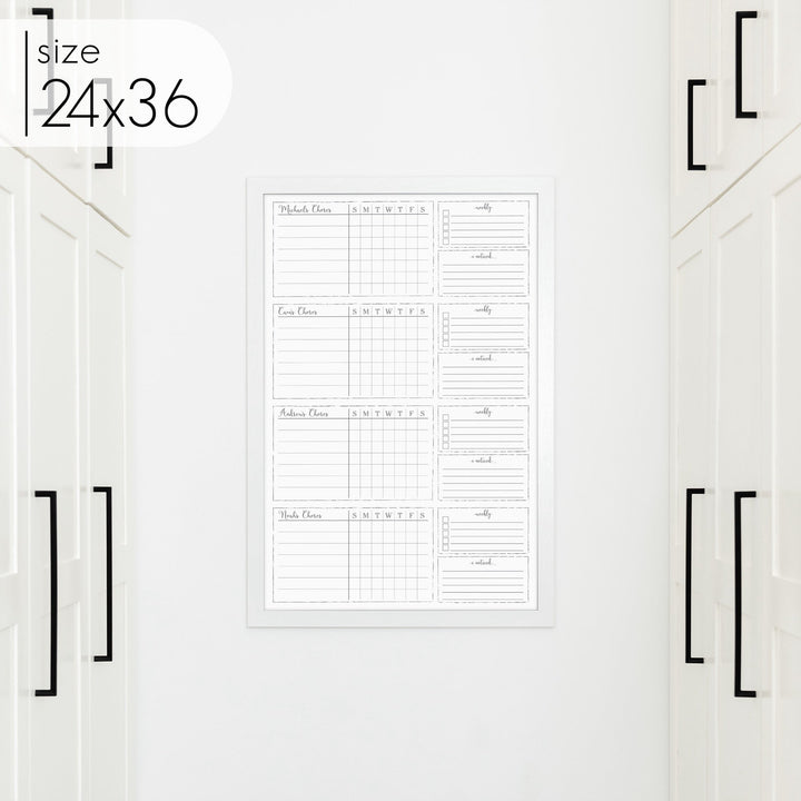 4 Person Framed Whiteboard Chore Chart  | Vertical Knope