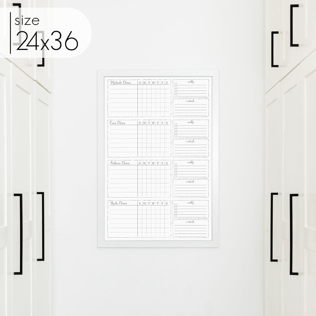 4 Person Framed Whiteboard Chore Chart  | Vertical Knope