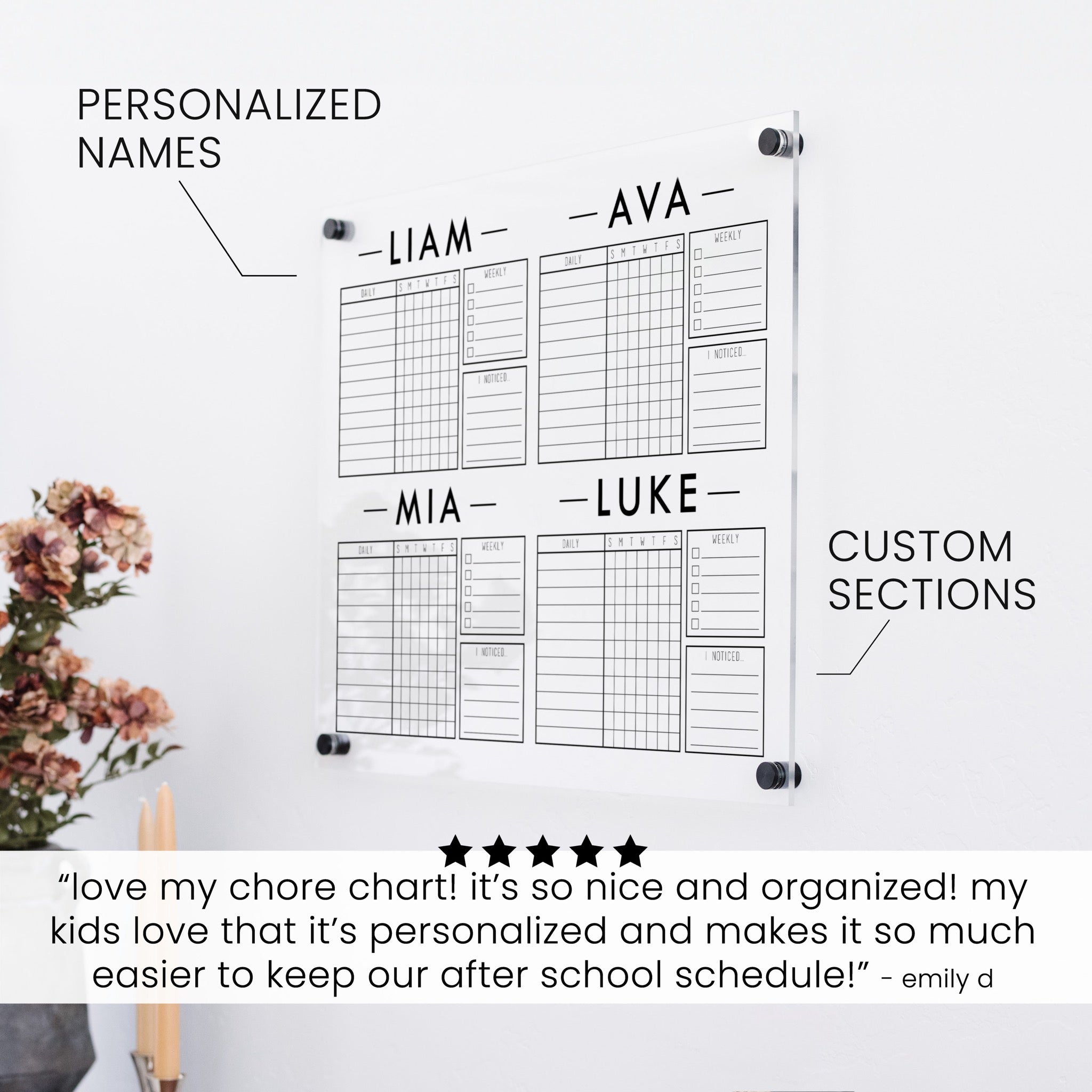4 Person Acrylic Chore Chart | Horizontal Craig