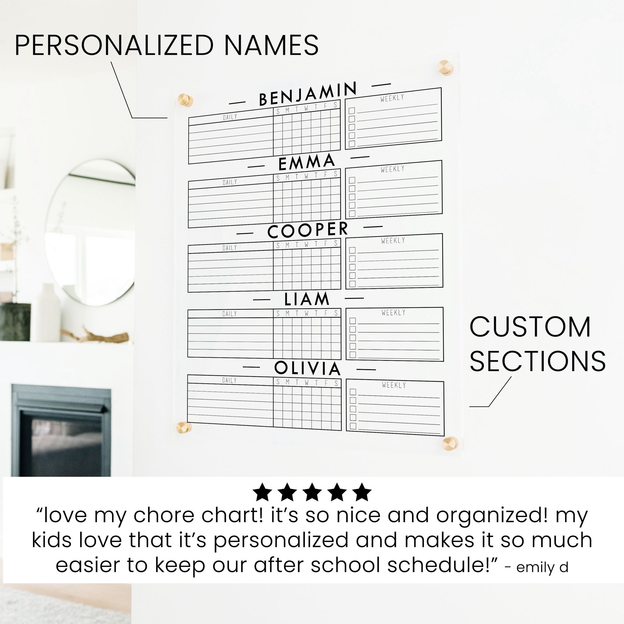 5 Person Acrylic Chore Chart | Vertical Craig