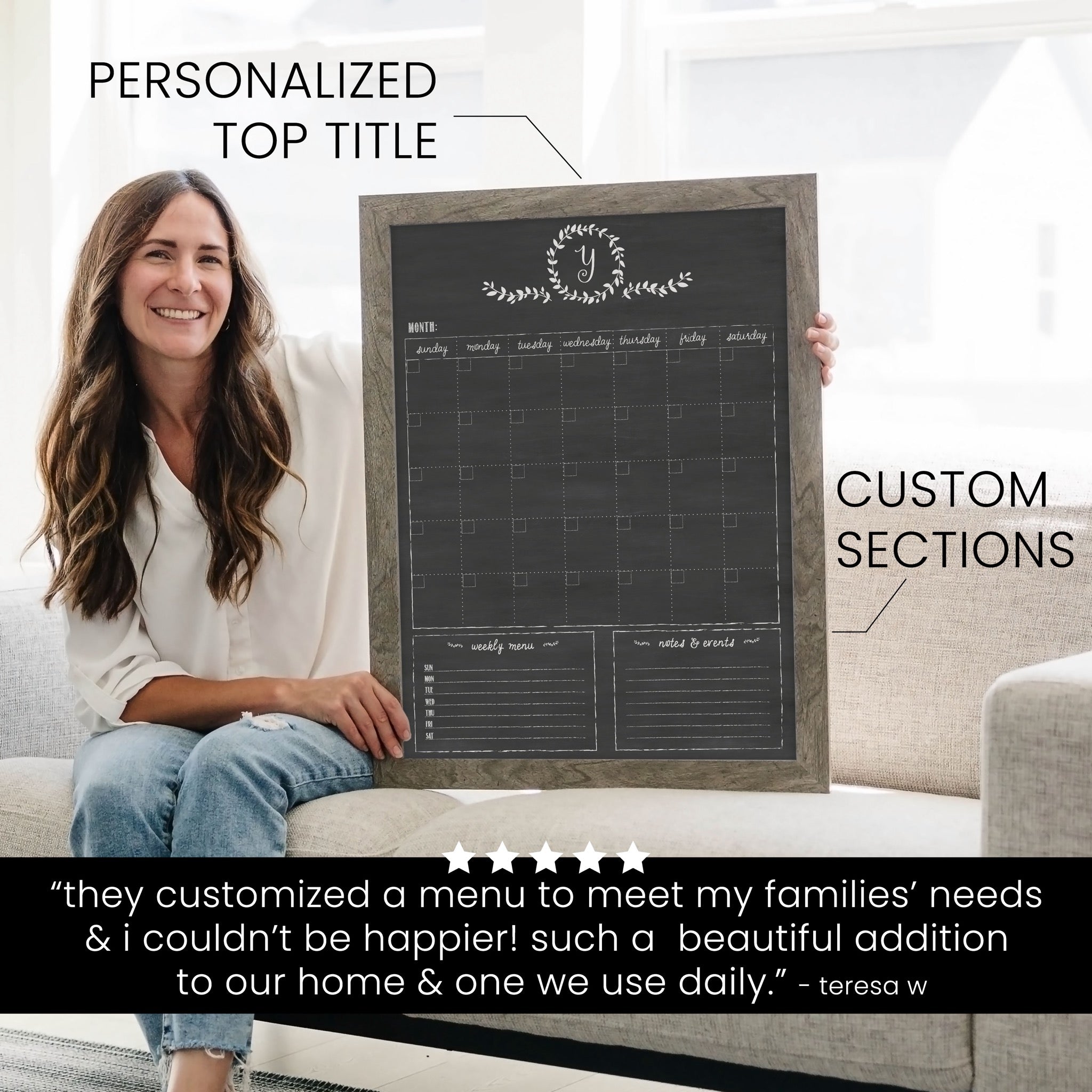 Monthly Framed Chalkboard Calendar + 2 sections | Vertical Donna