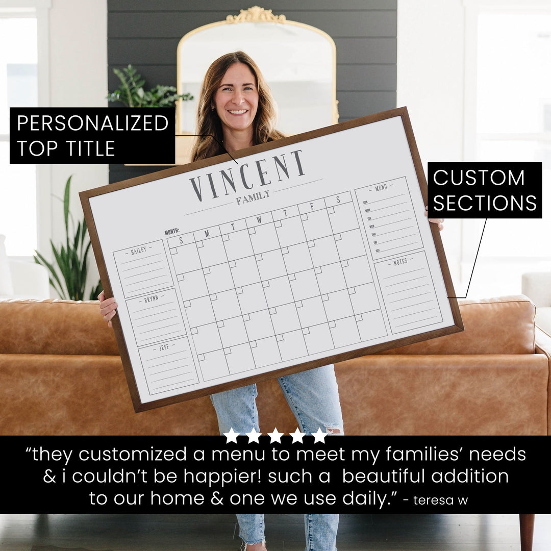 Monthly Framed Whiteboard Calendar + 5 sections | Horizontal Swanson
