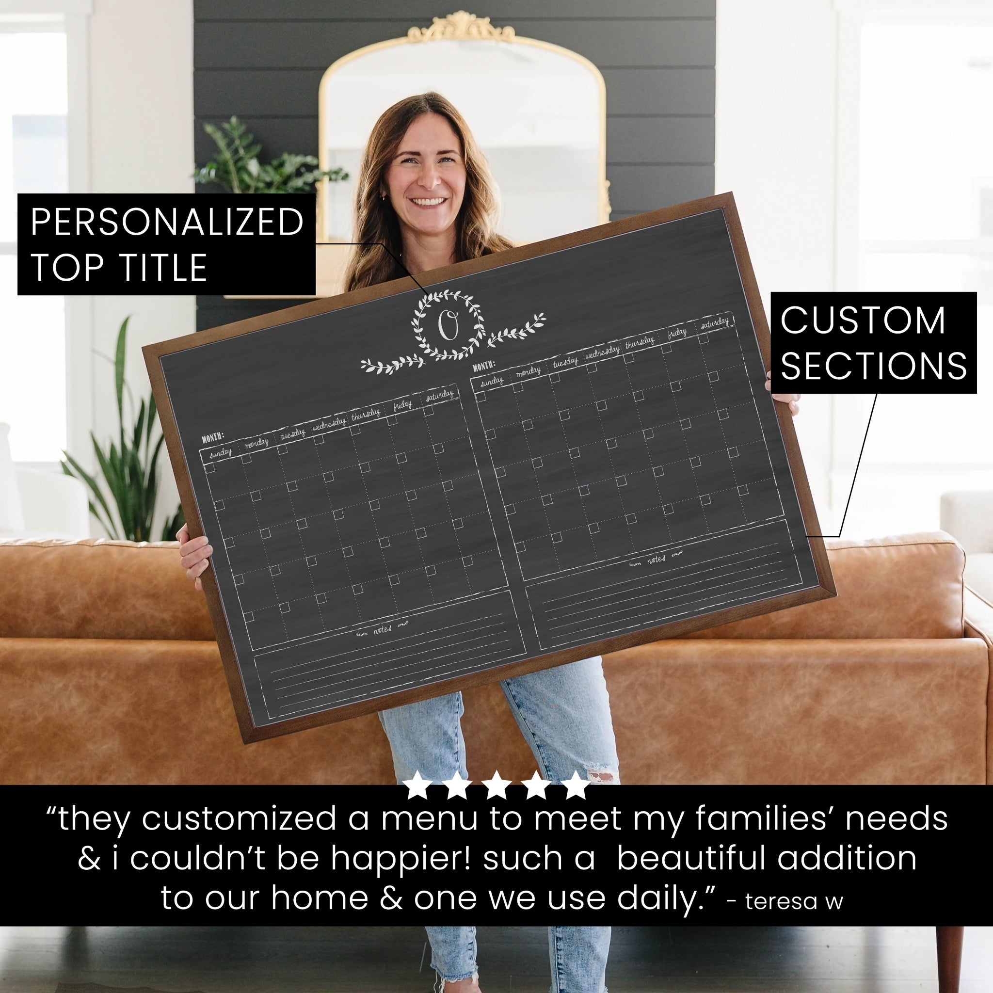 2 Month Framed Chalkboard Calendar + 2 sections | Horizontal Donna