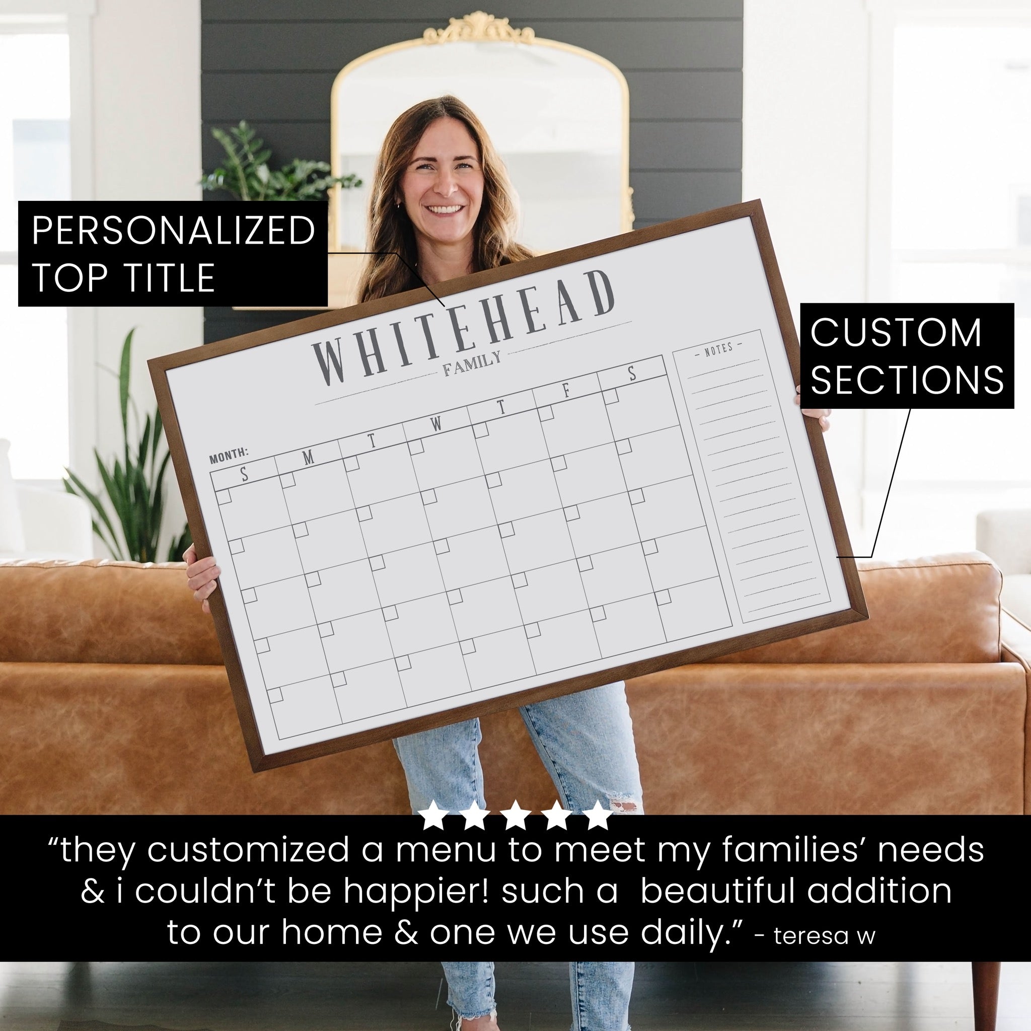 Monthly Framed Whiteboard Calendar + 1 section | Horizontal Swanson