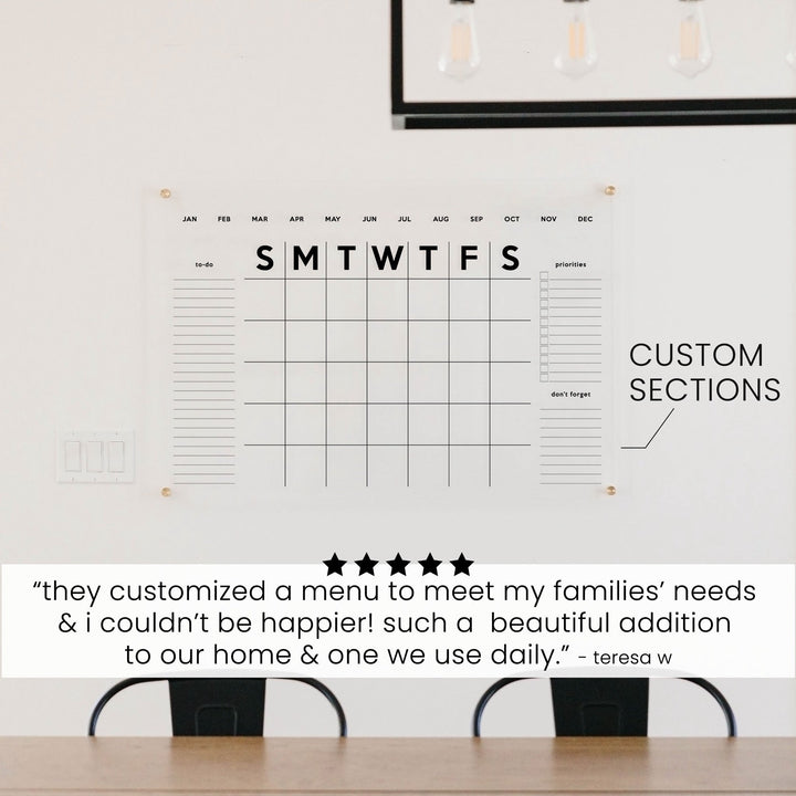 Monthly Acrylic Calendar + 3 Sections | Horizontal Minimalist