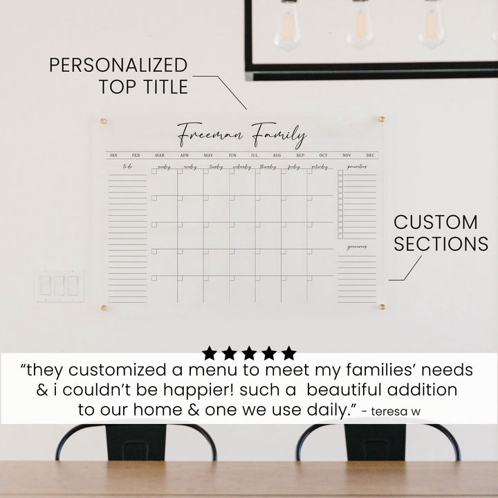 Monthly Acrylic Calendar + 3 Sections | Horizontal Pennington