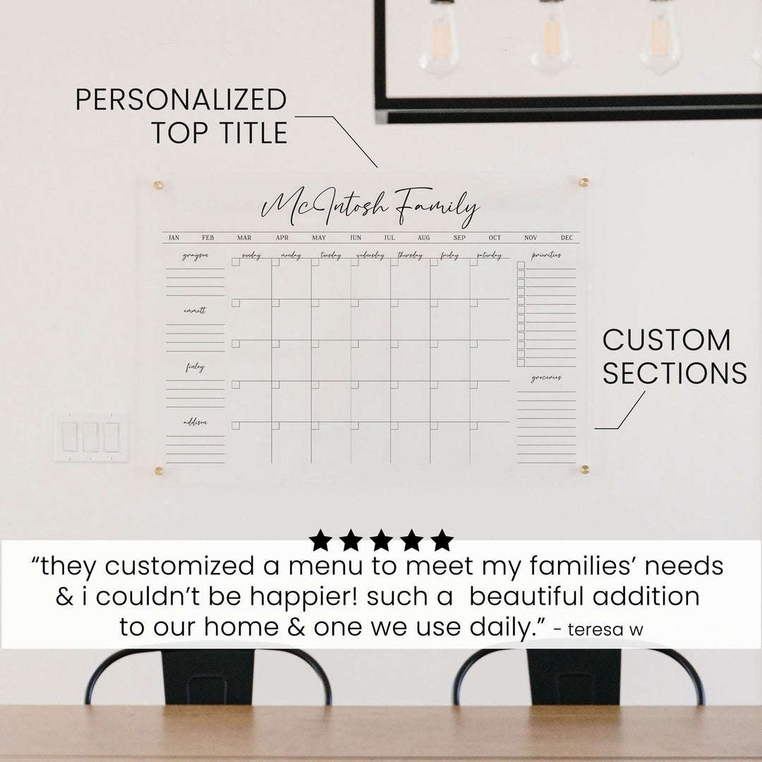 Monthly Acrylic Calendar + 6 Sections | Horizontal Pennington