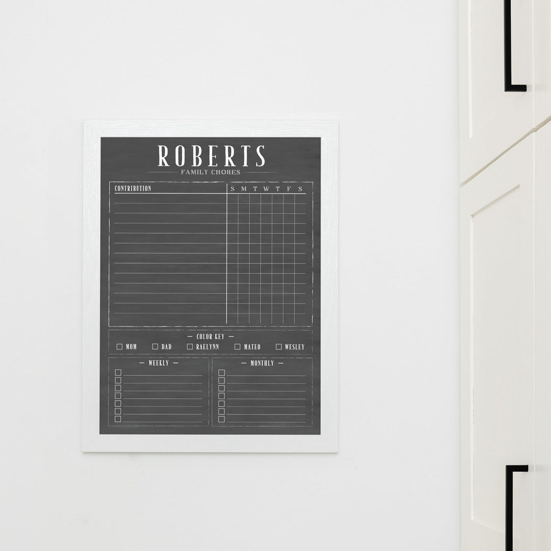 A framed dry-erase chore chart with a chalkboard look hanging on the wall