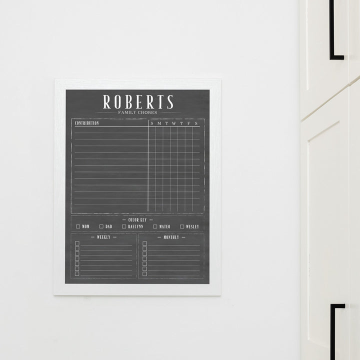A framed dry-erase chore chart with a chalkboard look hanging on the wall