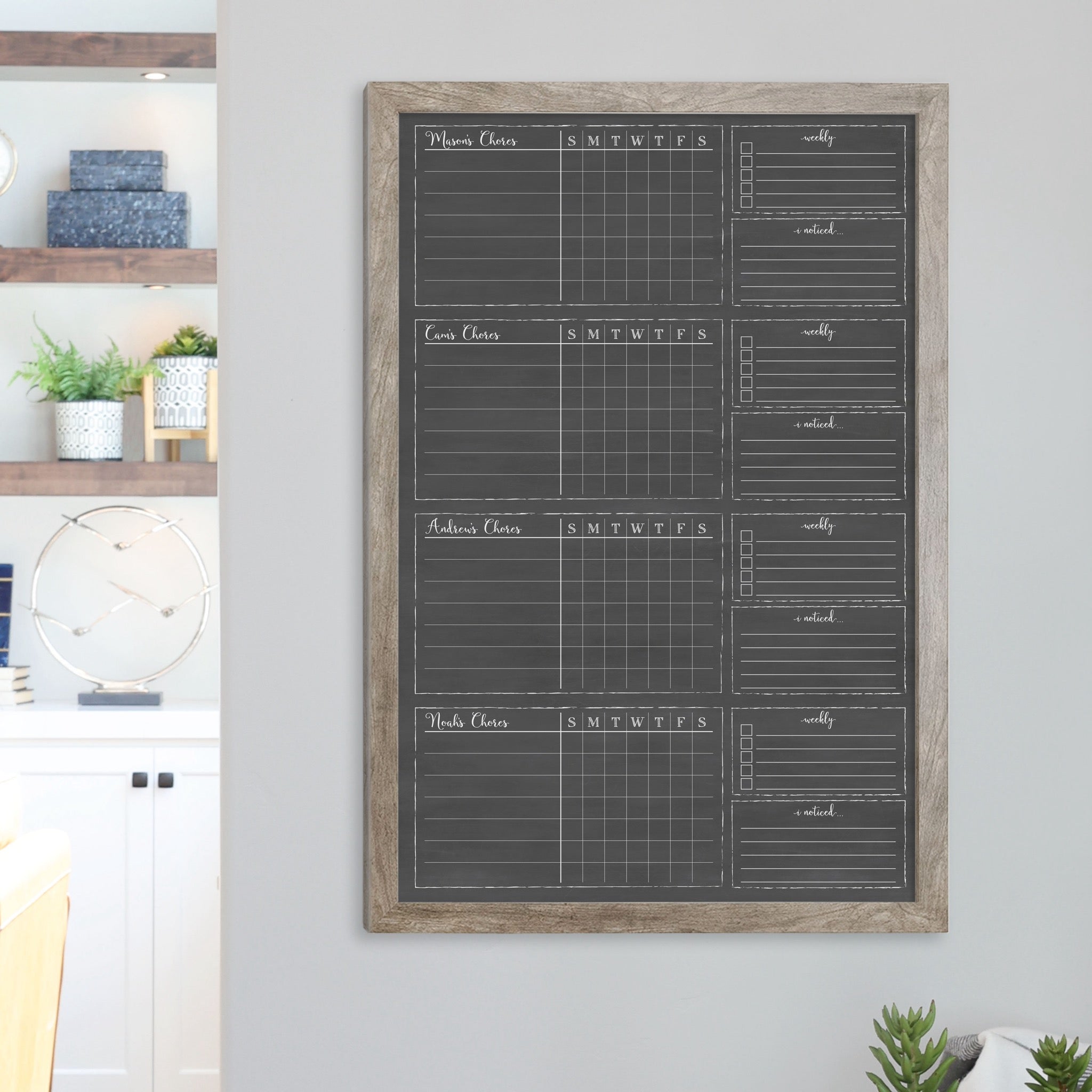 A framed dry-erase chore chart with a chalkboard look hanging on the wall