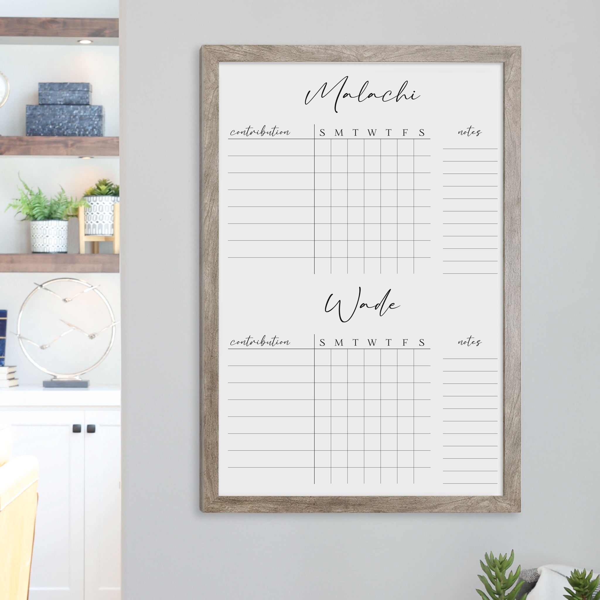 A framed whiteboard chore chart hanging on the wall