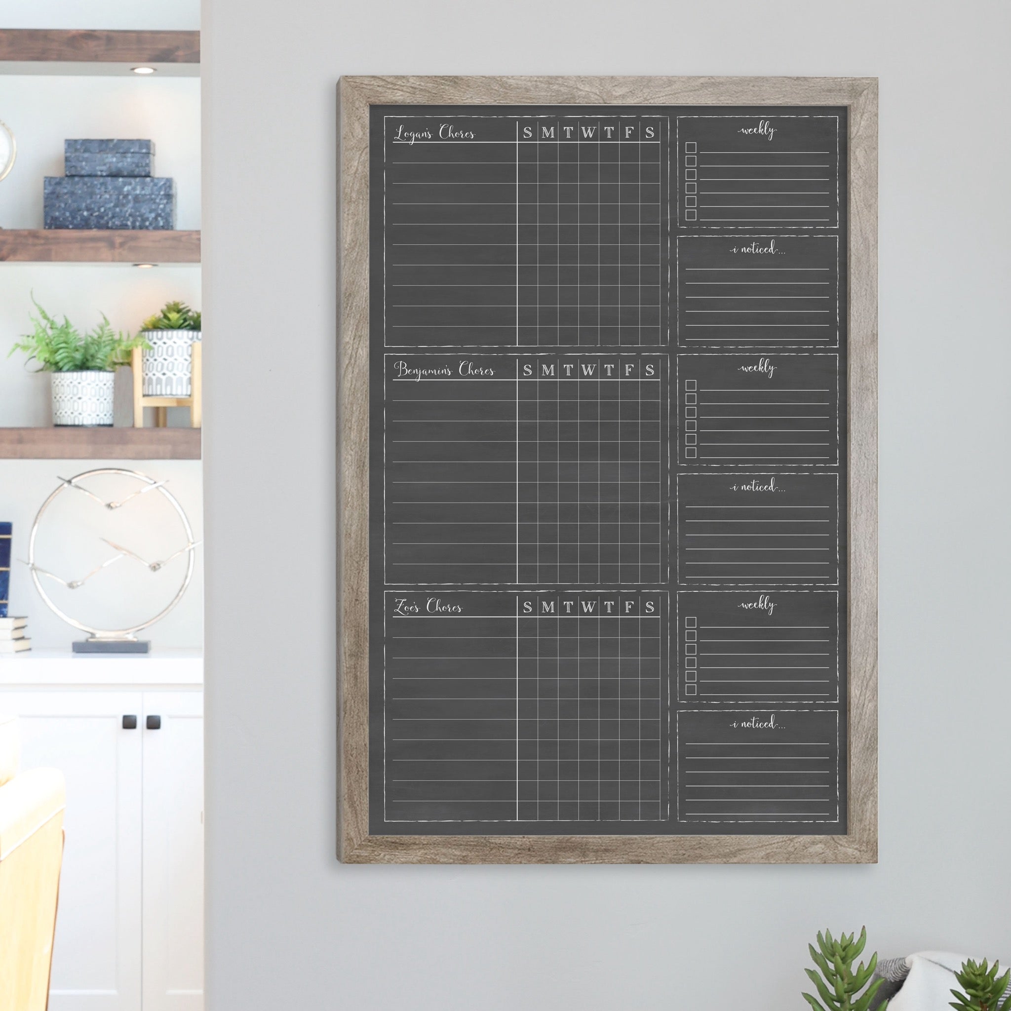 A framed dry-erase chore chart with a chalkboard look hanging on the wall