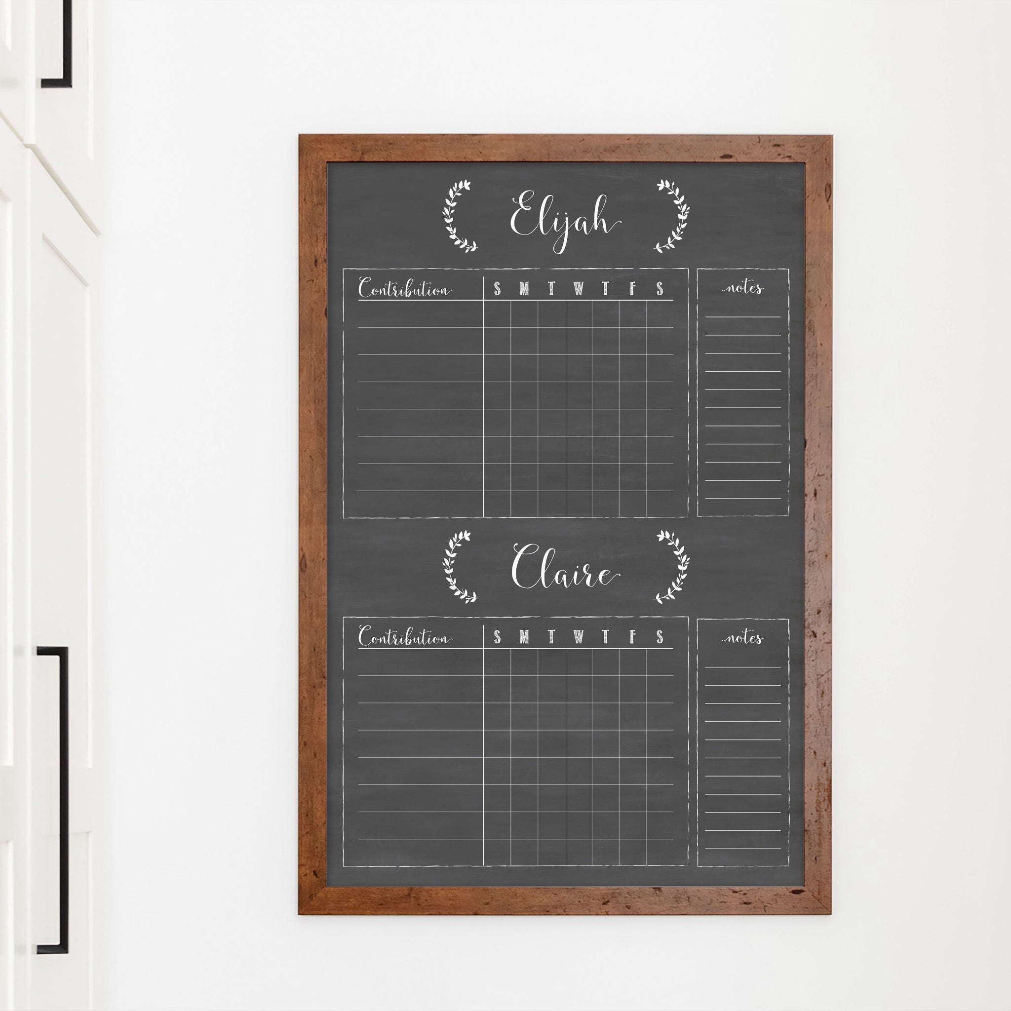 A framed dry-erase chore chart with a chalkboard look hanging on the wall