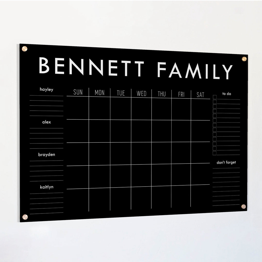 Monthly Black Acrylic Calendar + 6 Sections | Horizontal Madi