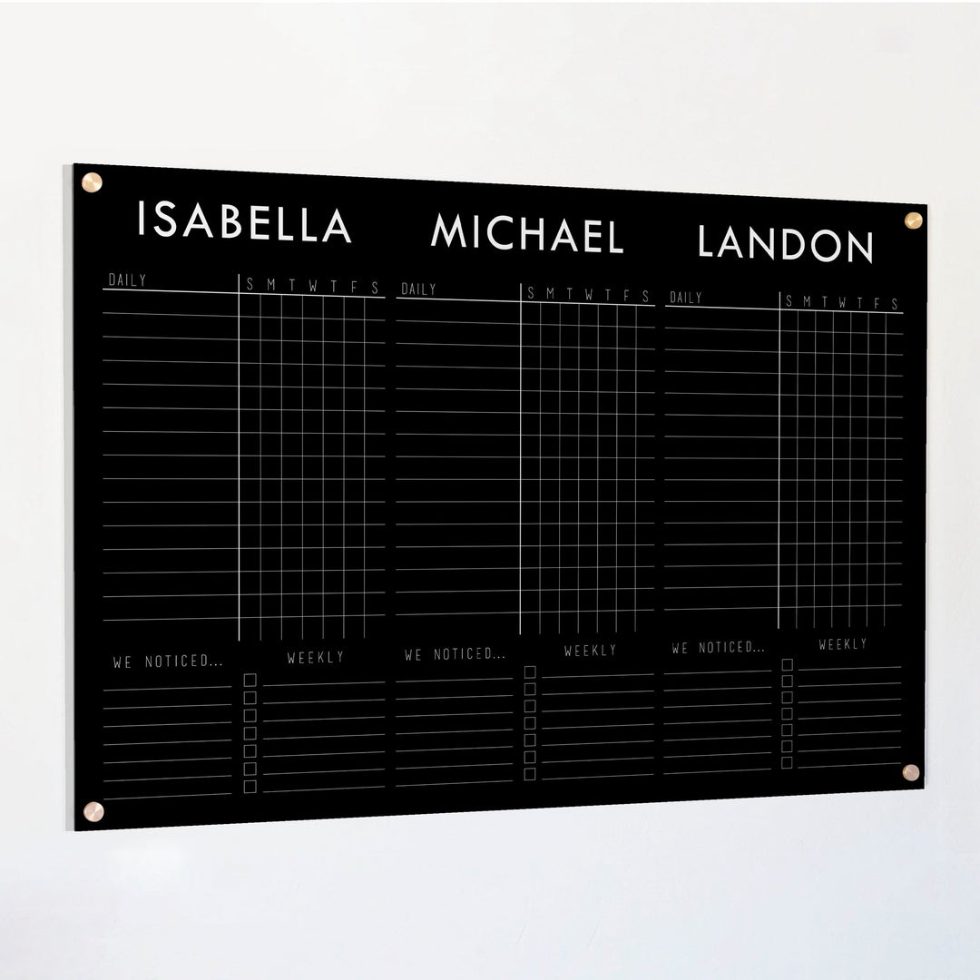 3 Person Black Acrylic Chore Chart | Horizontal Madi