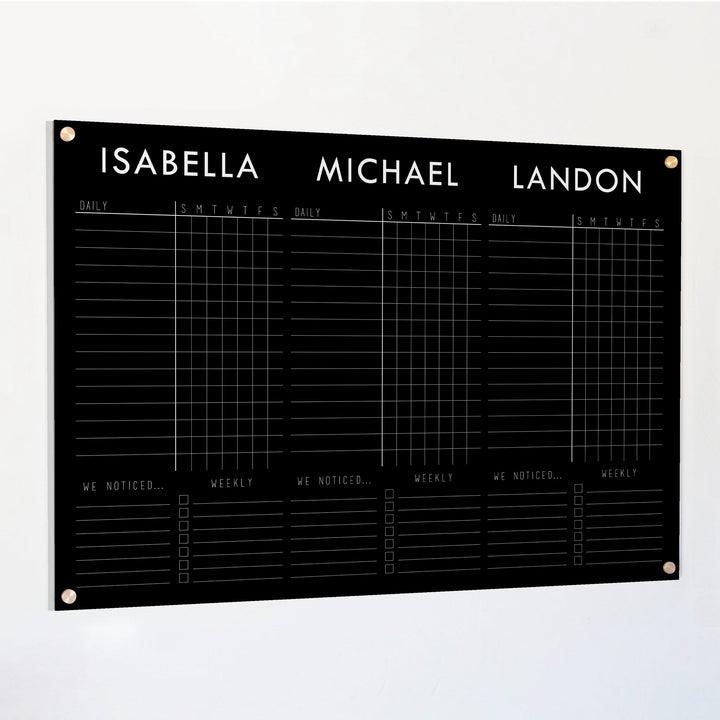 3 Person Black Acrylic Chore Chart | Horizontal Madi
