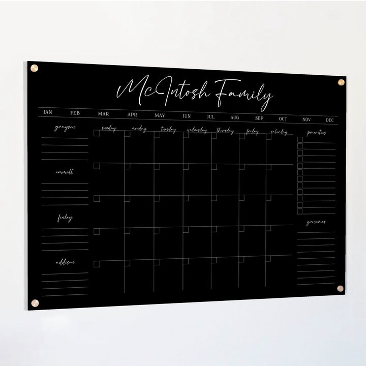 Monthly Black Acrylic Calendar + 6 Sections | Horizontal Pennington