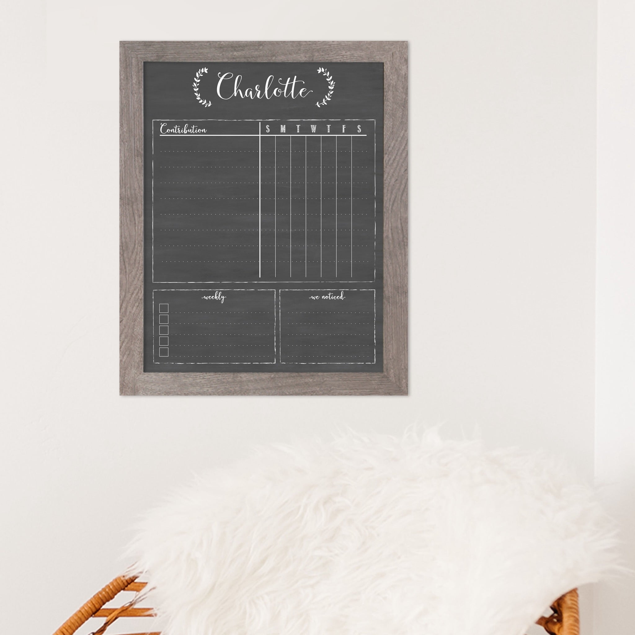 A framed dry-erase chore chart with a chalkboard look hanging on the wall