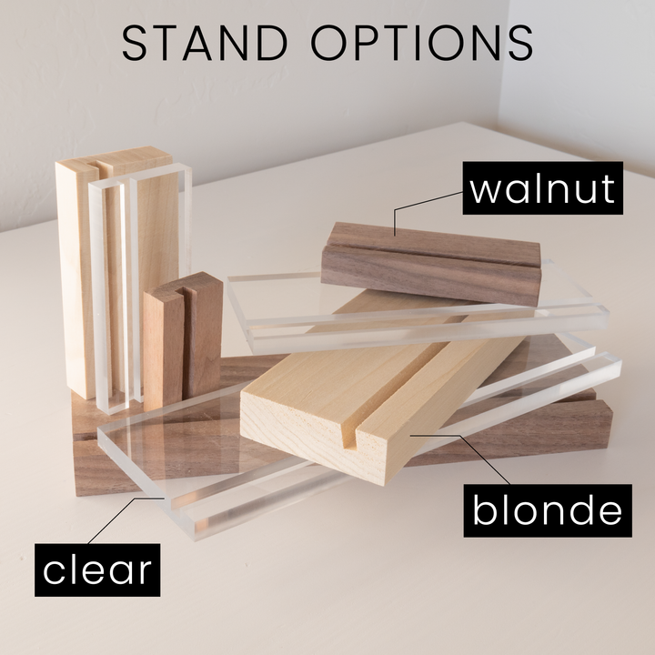 Two wooden stands options in the colors blonde and walnut.