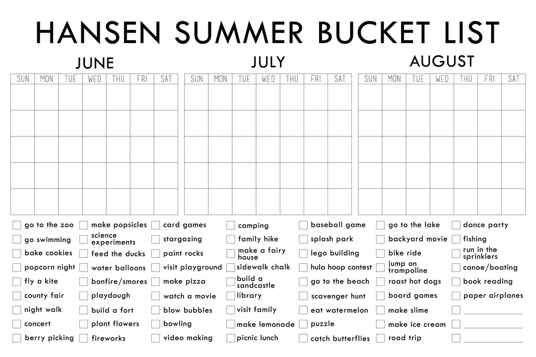 Giant Coloring Calendar Summer Bucket List Personalized Calendar