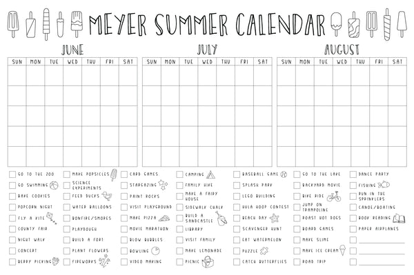 Giant Coloring Calendar Summer Bucket List Personalized Calendar | Horizontal Popsicle