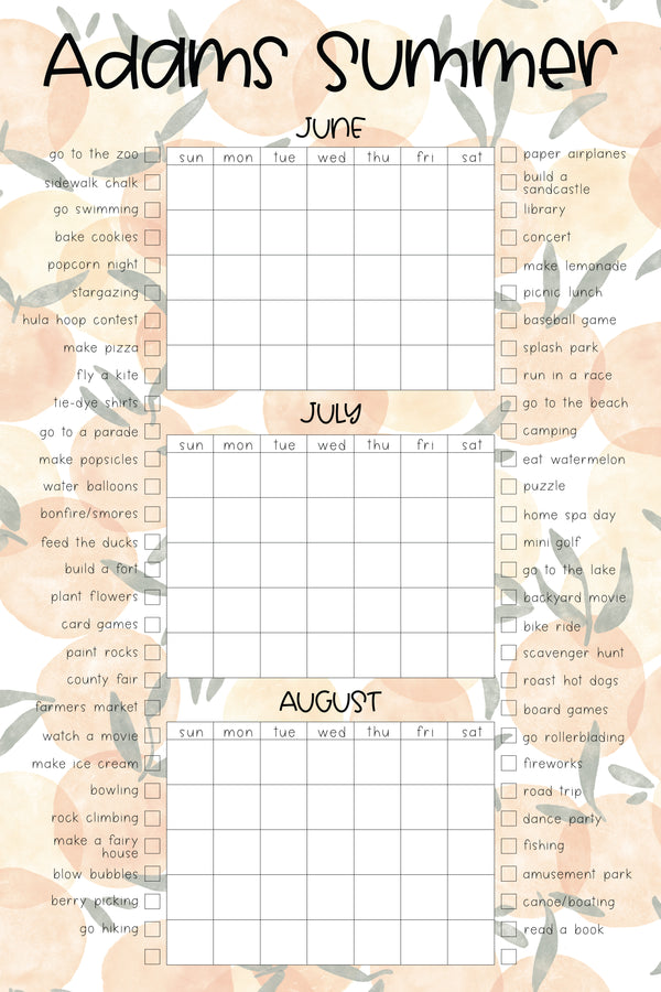 Giant Coloring Calendar Summer Bucket List Personalized Calendar | Vertical Oranges