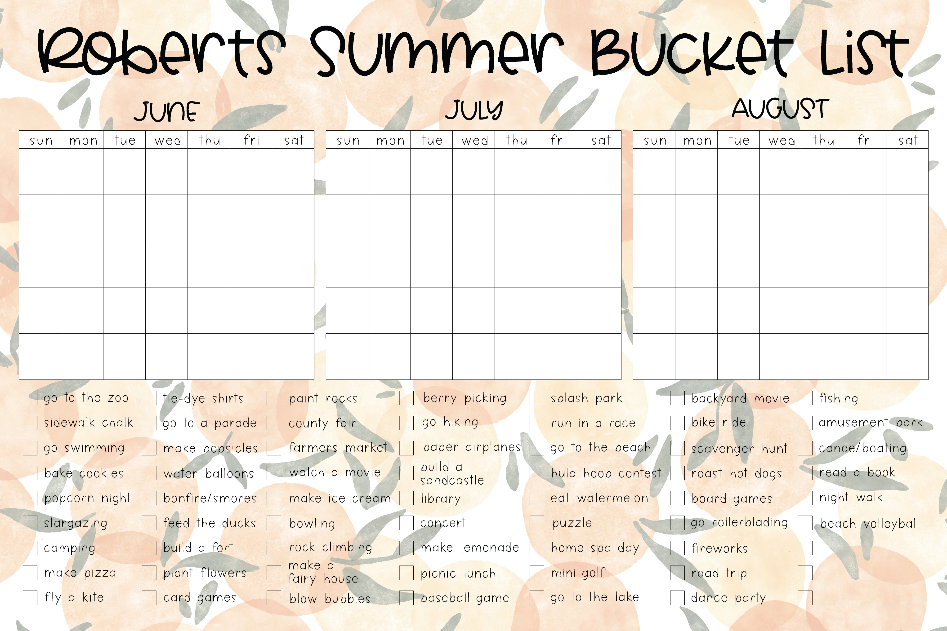Giant Coloring Calendar Summer Bucket List Personalized Calendar | Horizontal Oranges