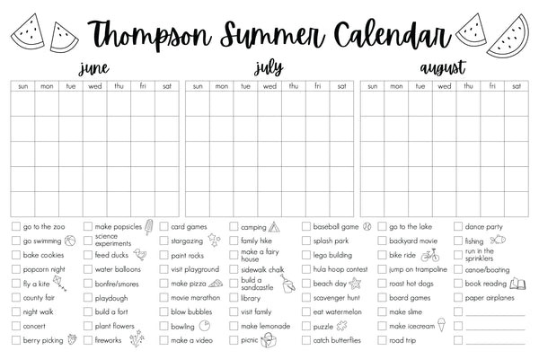 Giant Coloring Calendar Summer Bucket List Personalized Calendar  | Horizontal Watermelon