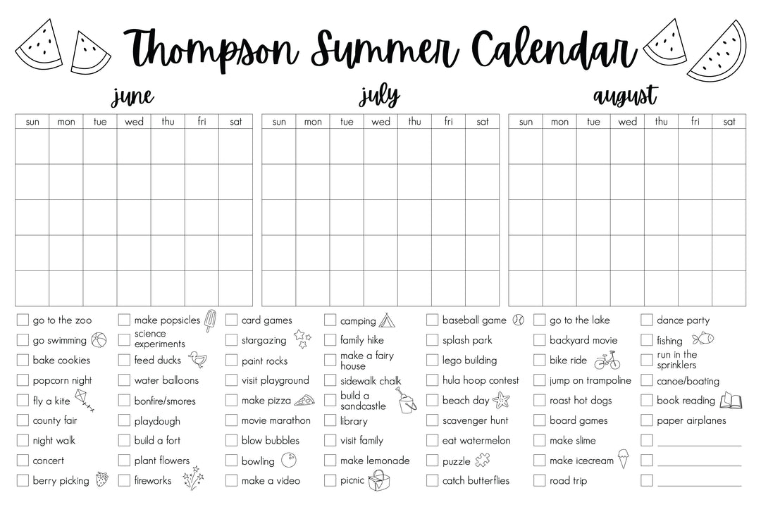Giant Coloring Calendar Summer Bucket List Personalized Calendar