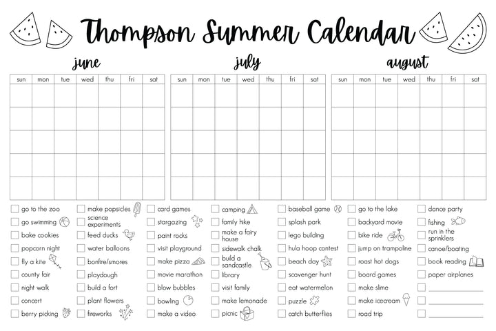 Giant Coloring Calendar Summer Bucket List Personalized Calendar