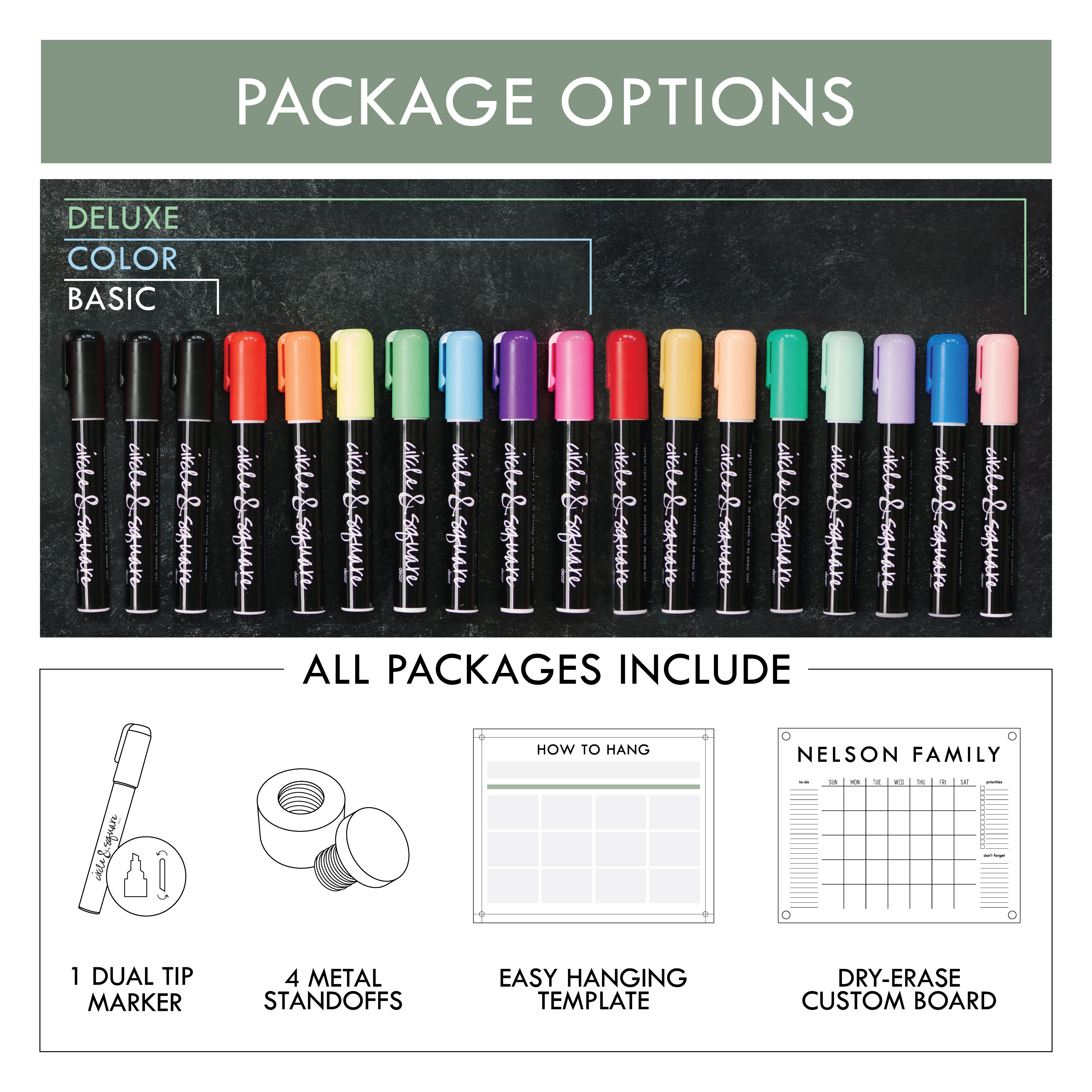 Shows the package options for this product. Each package comes with 1 marker, a wooden stand, and a personalized acrylic. Additional options include basic, color, and deluxe marker upgrades.