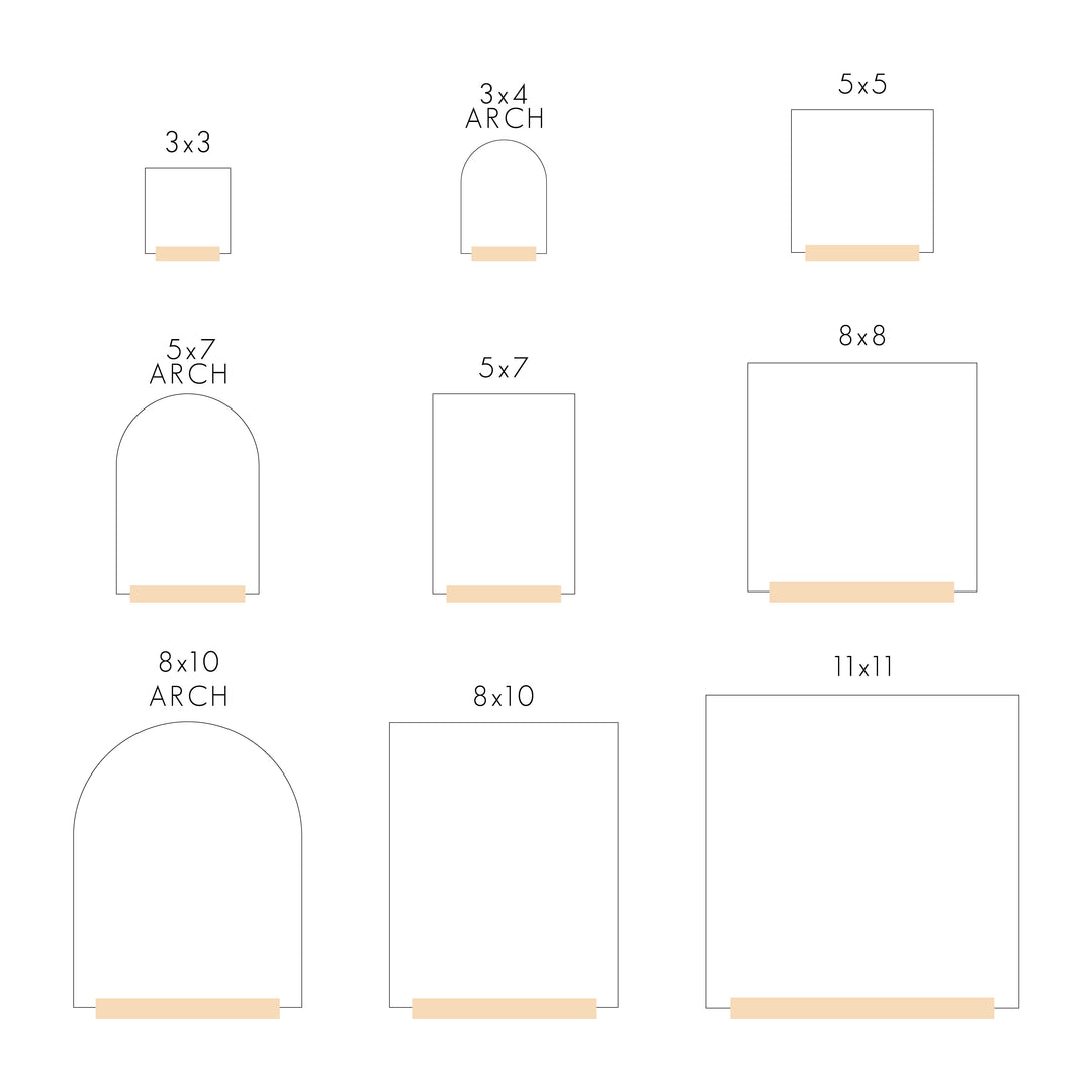 A chart for size comparison featuring sizes from 3x3 to 11x11. Also shows the square, arched, and rectangle shapes available.