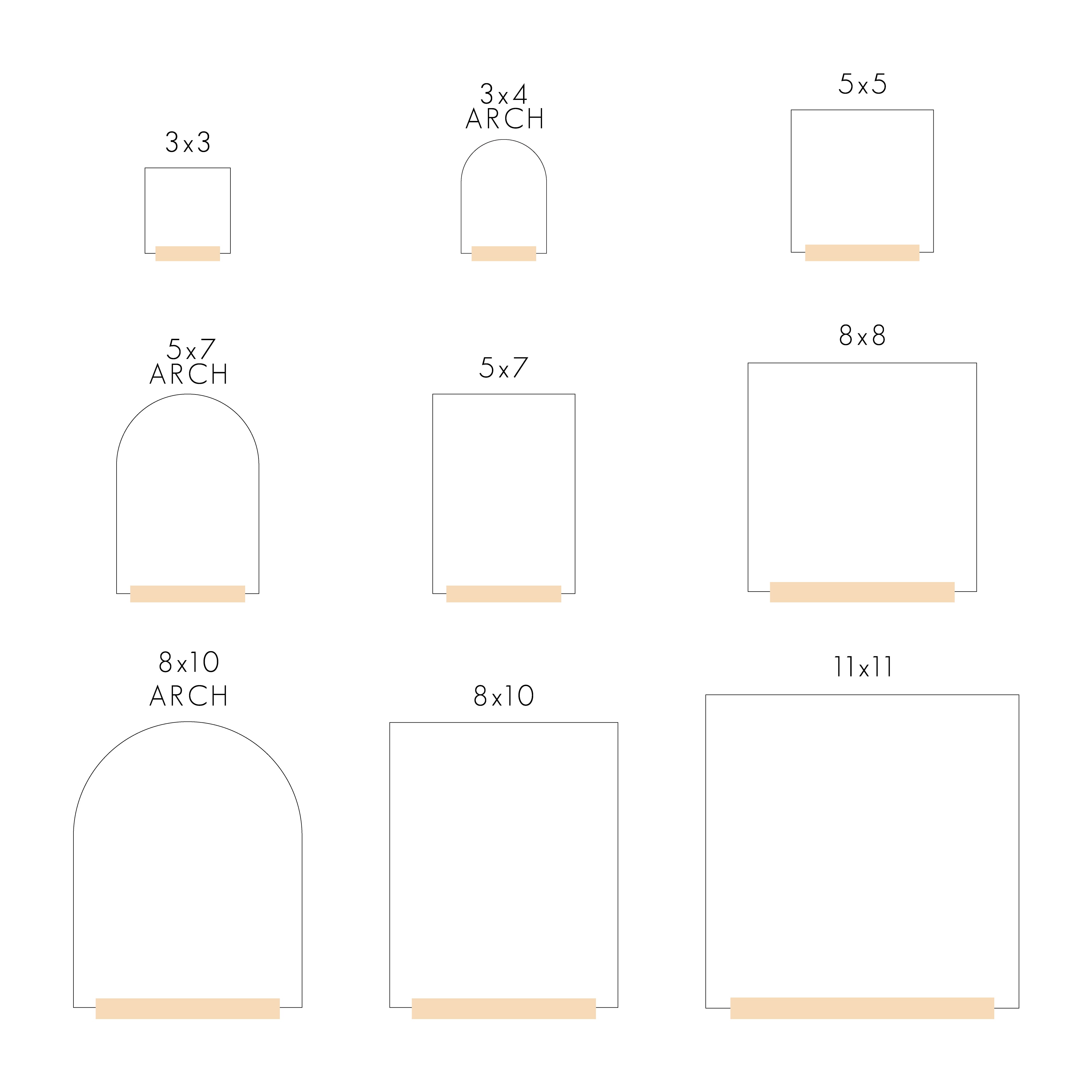 A chart for size comparison featuring sizes from 3x3 to 11x11. Also shows the square, arched, and rectangle shapes available.