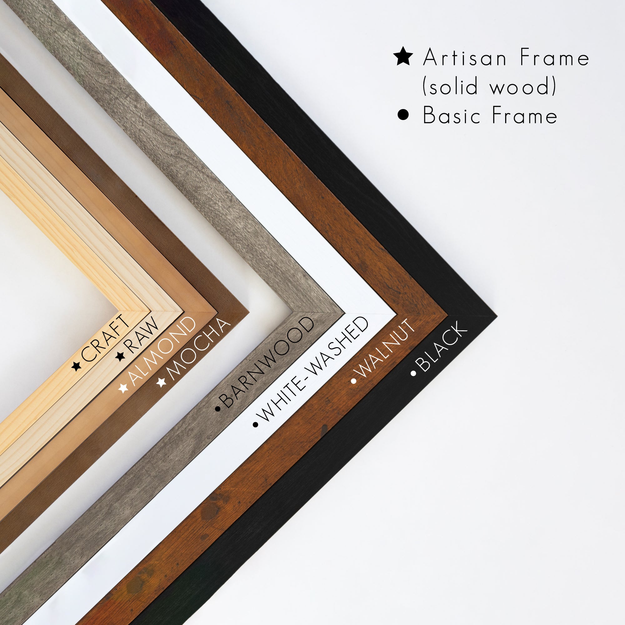 Shows all of the available frame colors and types. Craft, raw, almond, and mocha artisan frames are shown. Barnwood, white washed, walnut, and black basic frames are available. 