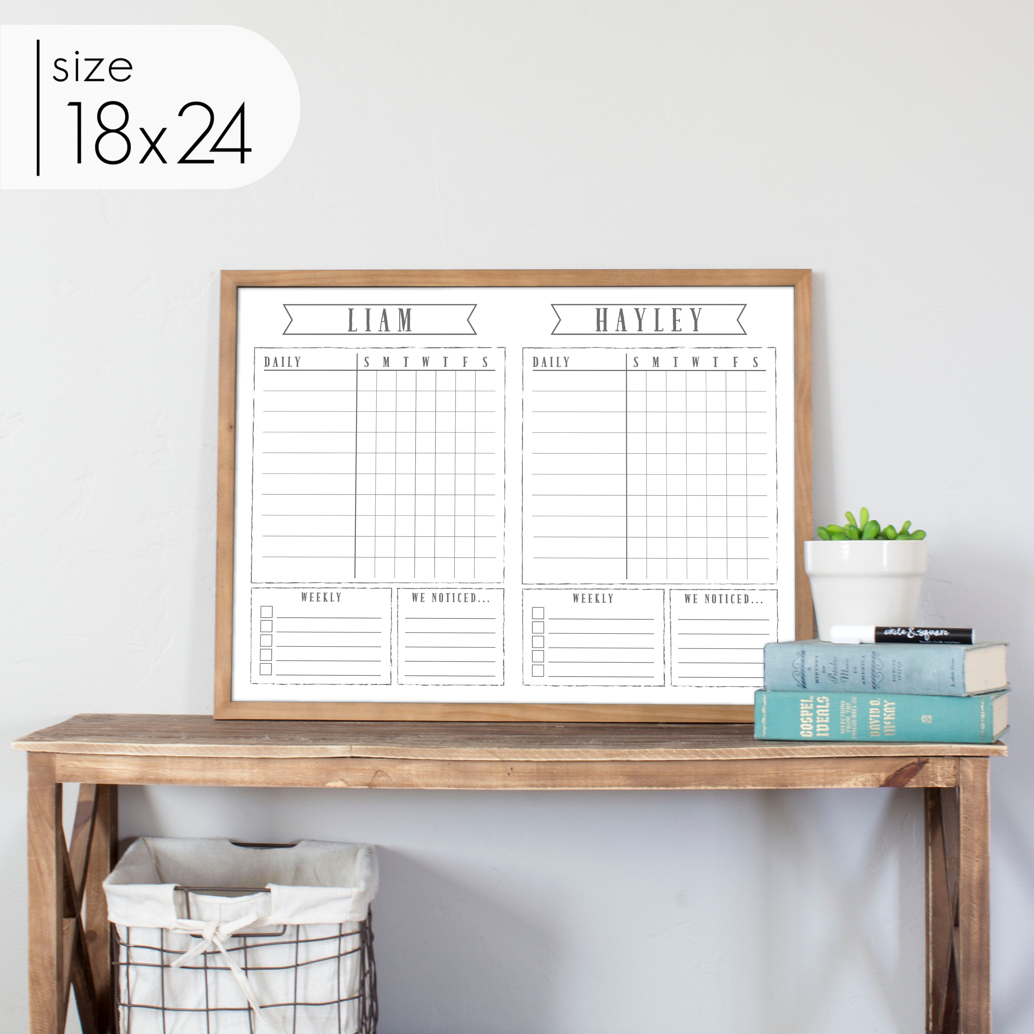 2 Person Framed Whiteboard Chore Chart  | Horizontal Swanson