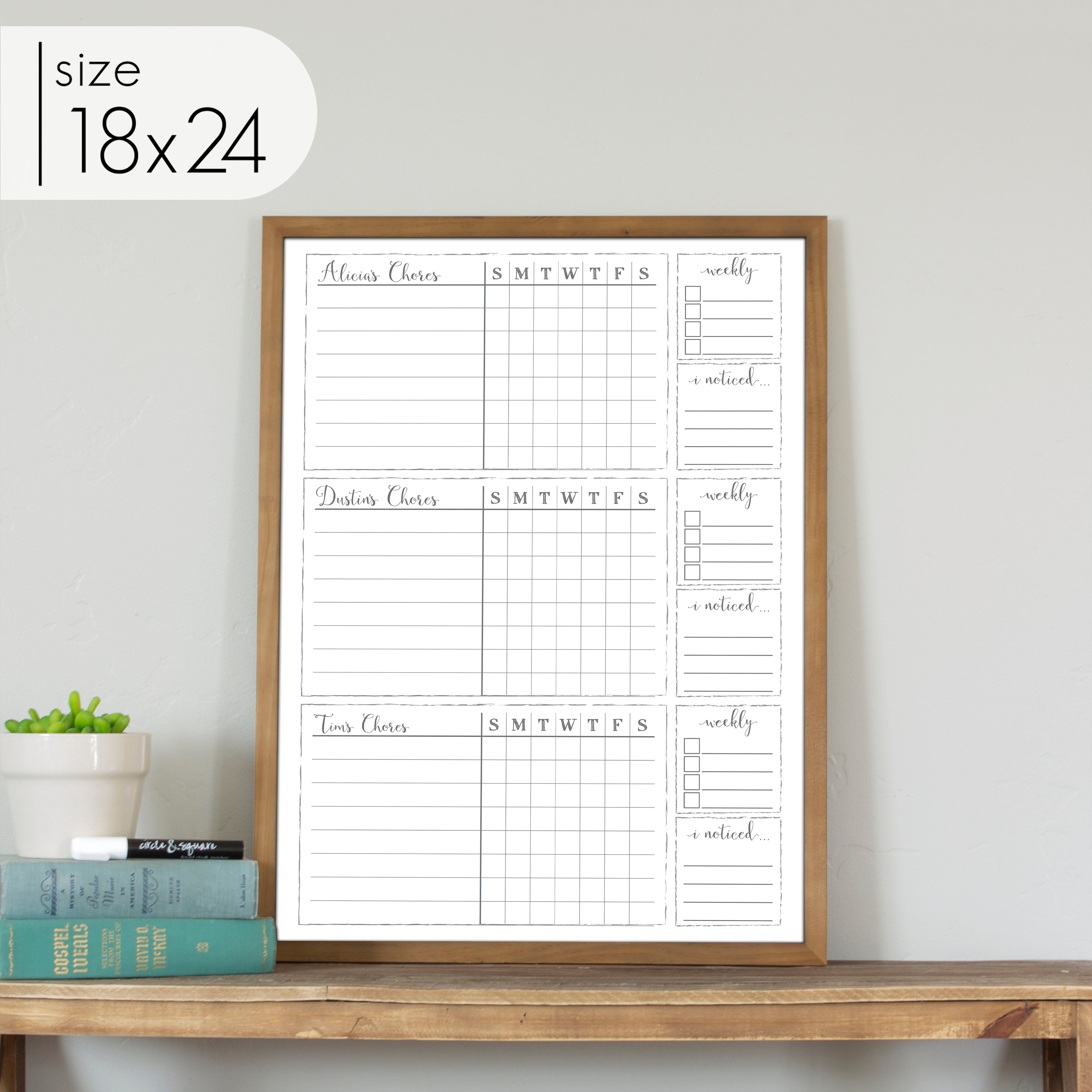3 Person Framed Whiteboard Chore Chart  | Vertical Knope