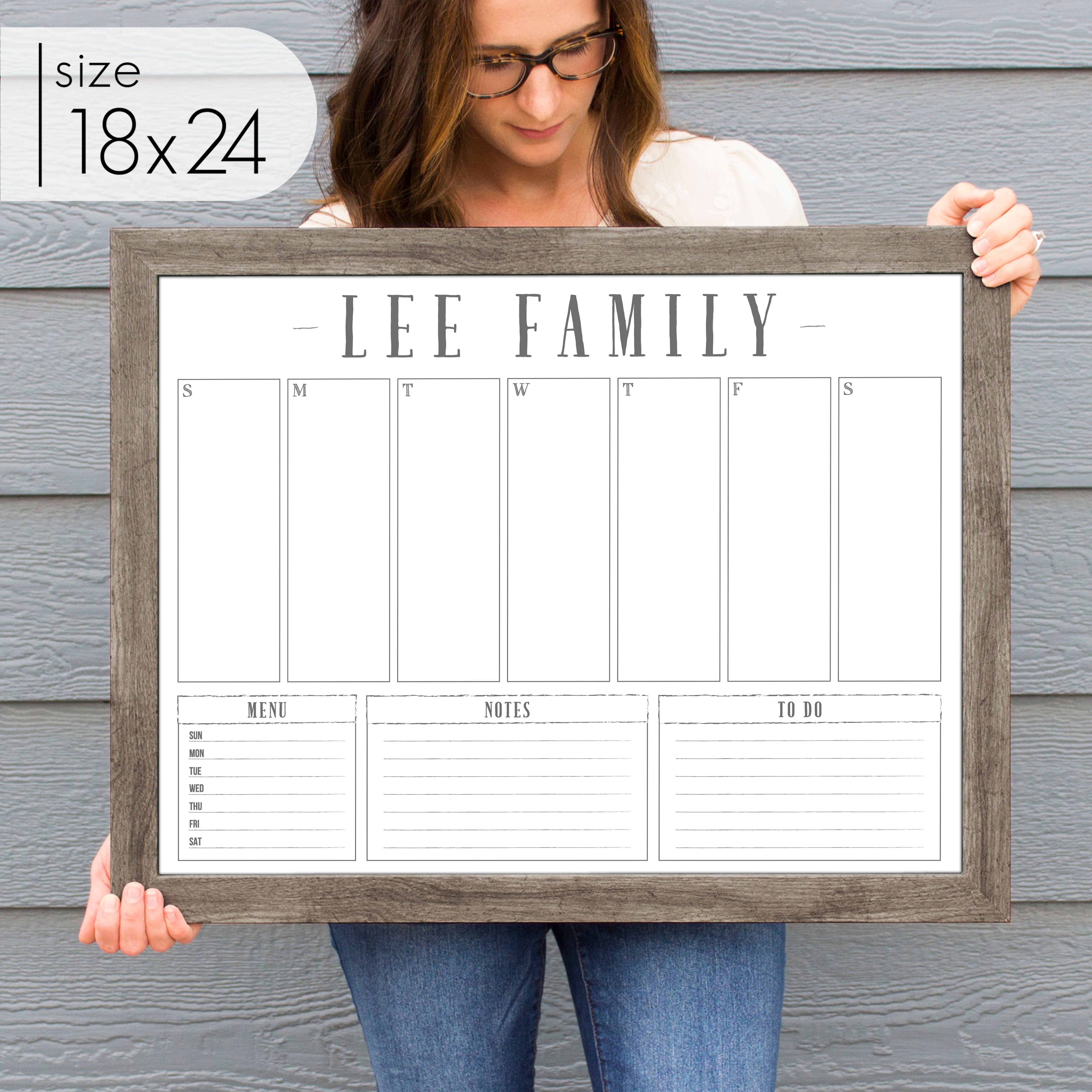 Weekly Framed Whiteboard Calendar + 3 sections | Horizontal Swanson