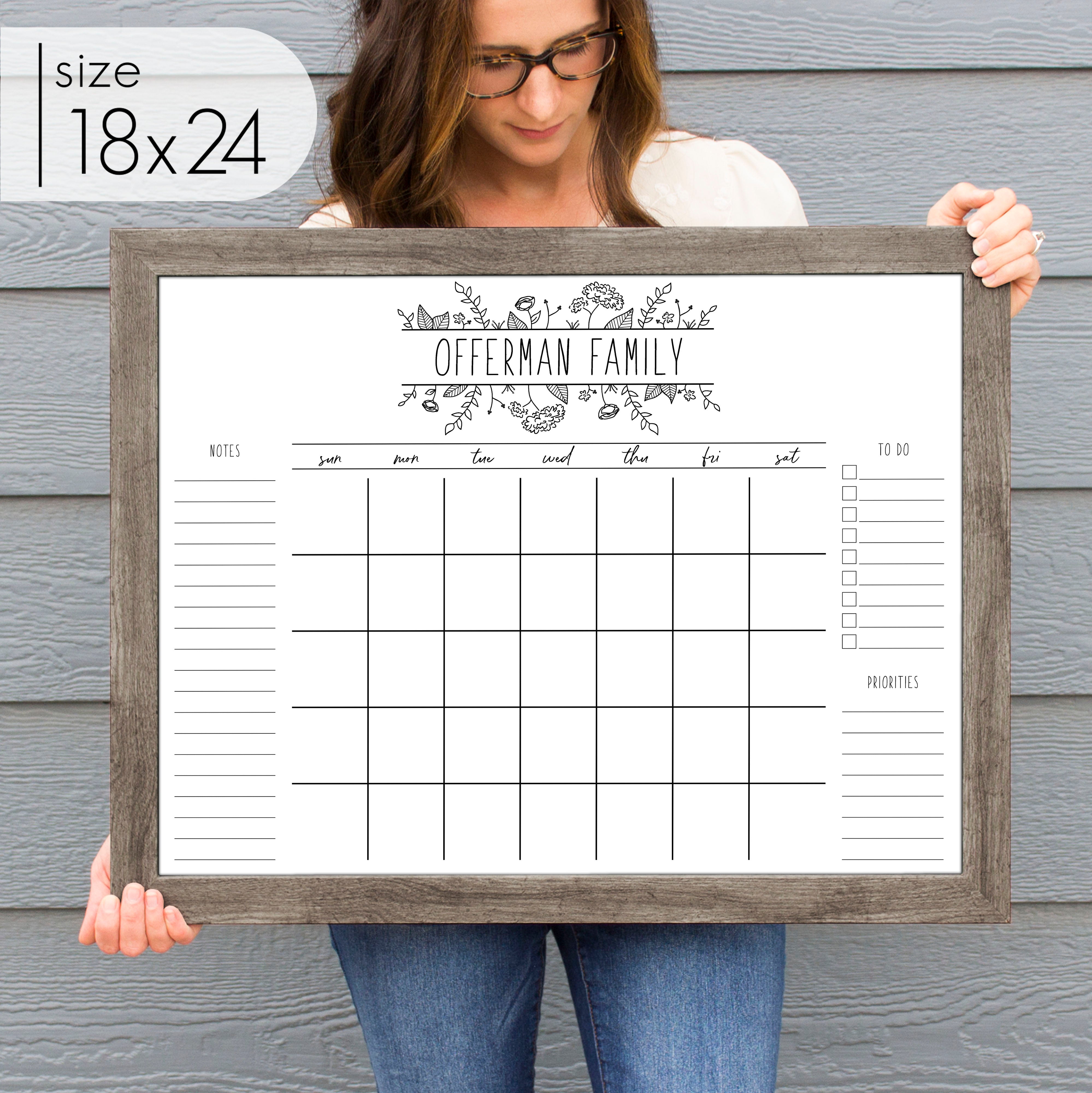 Monthly Framed Whiteboard Calendar + 3 sections | Horizontal Lucy