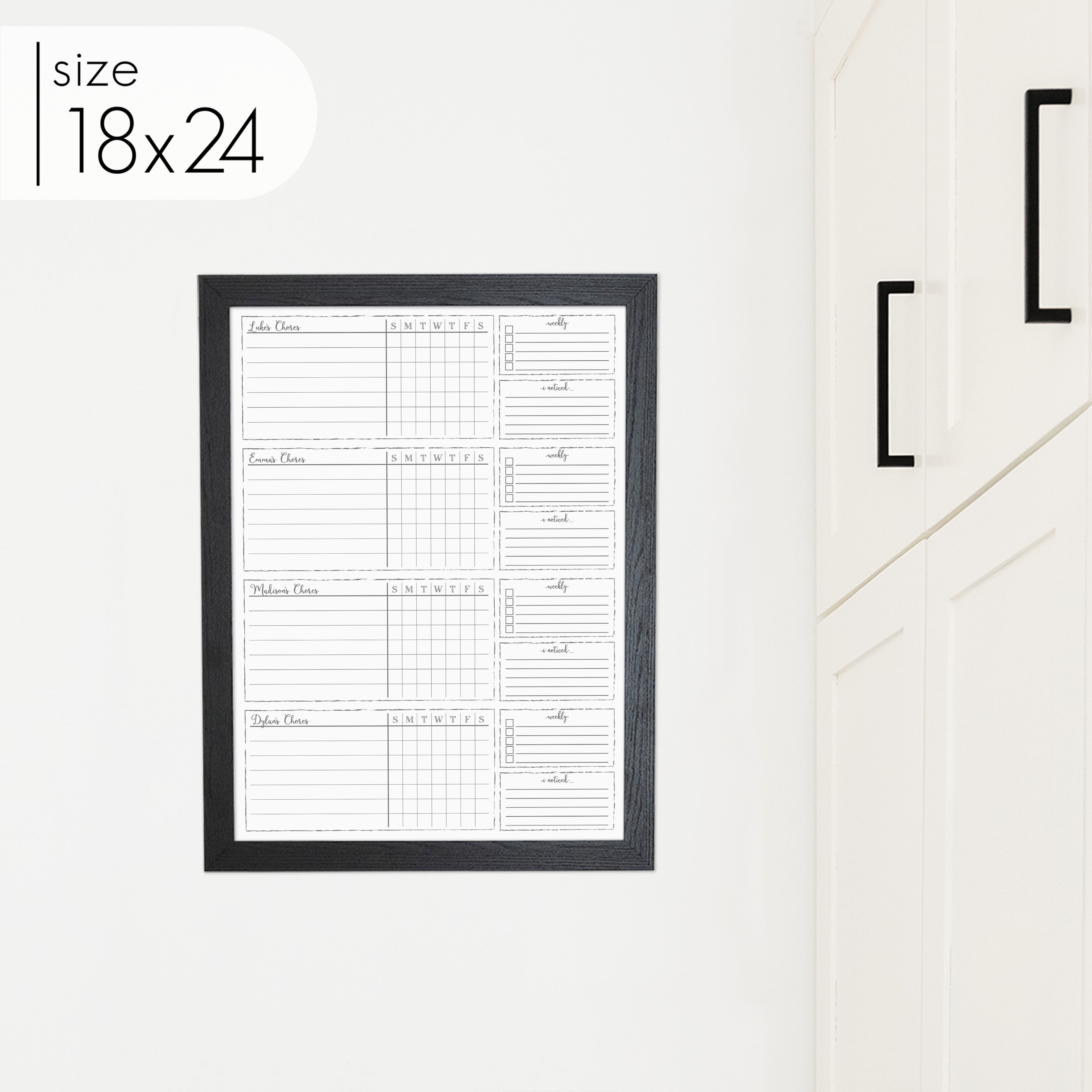 4 Person Framed Whiteboard Chore Chart  | Vertical Knope