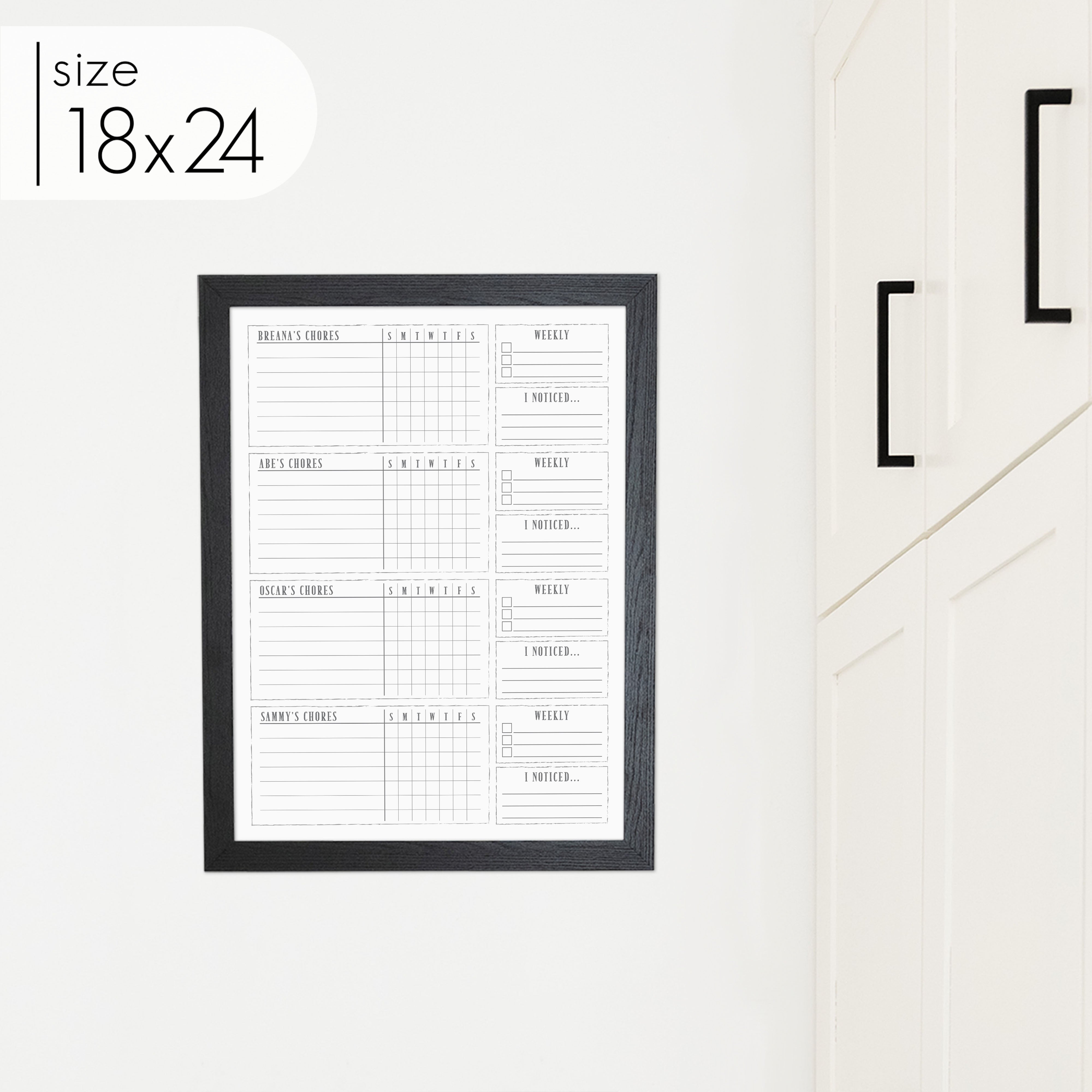 4 Person Framed Whiteboard Chore Chart  | Vertical Swanson