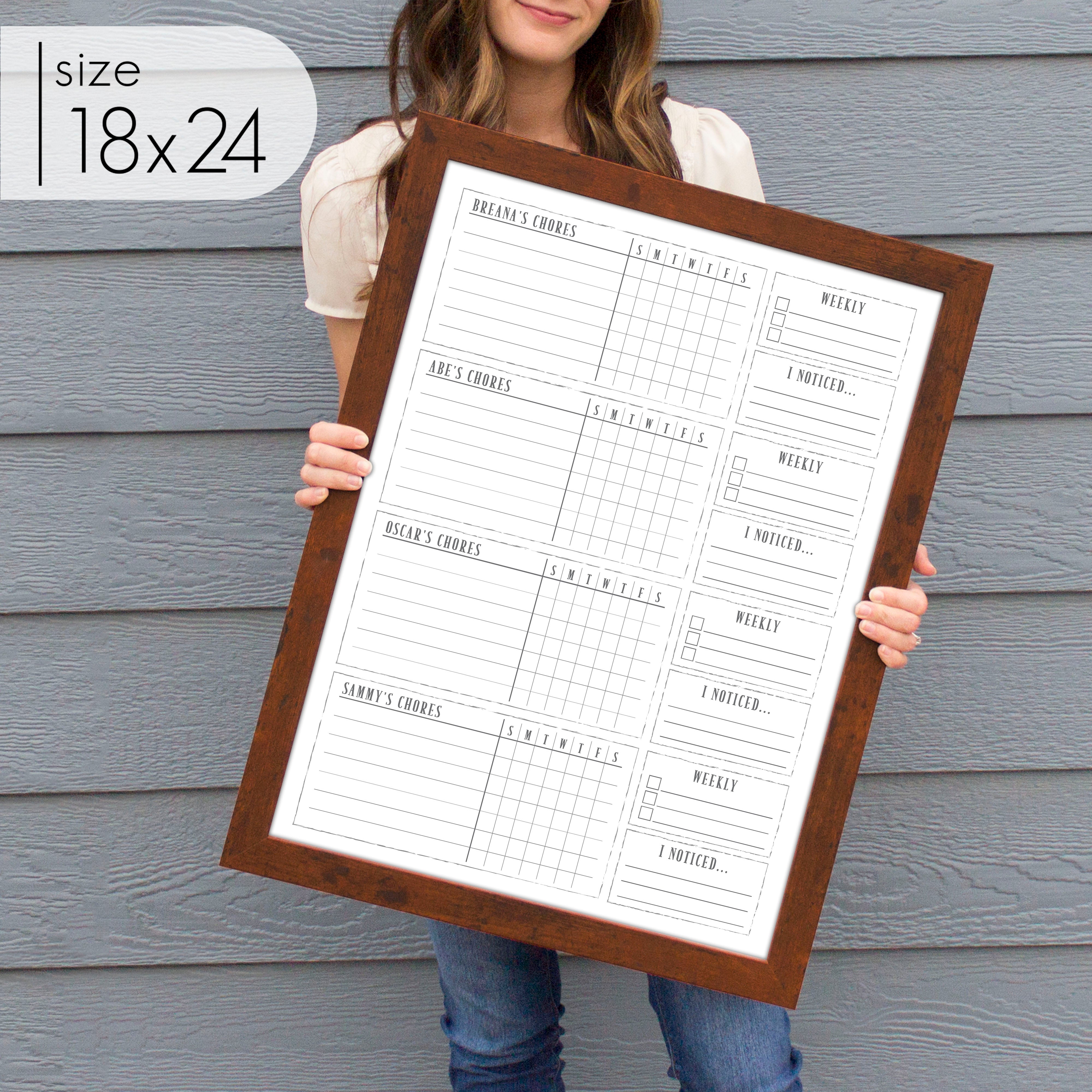 4 Person Framed Whiteboard Chore Chart  | Vertical Swanson