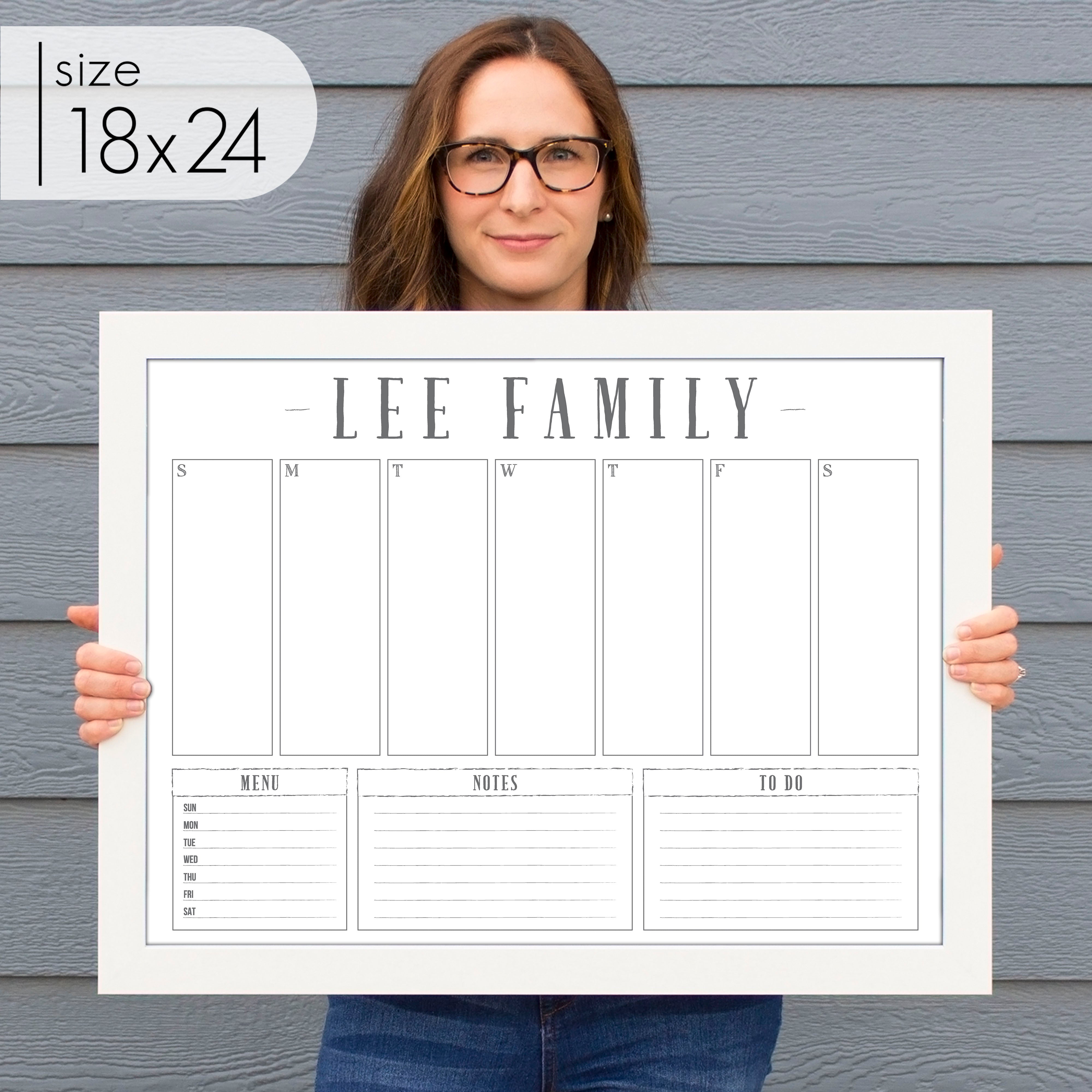 Weekly Framed Whiteboard Calendar + 3 sections | Horizontal Swanson