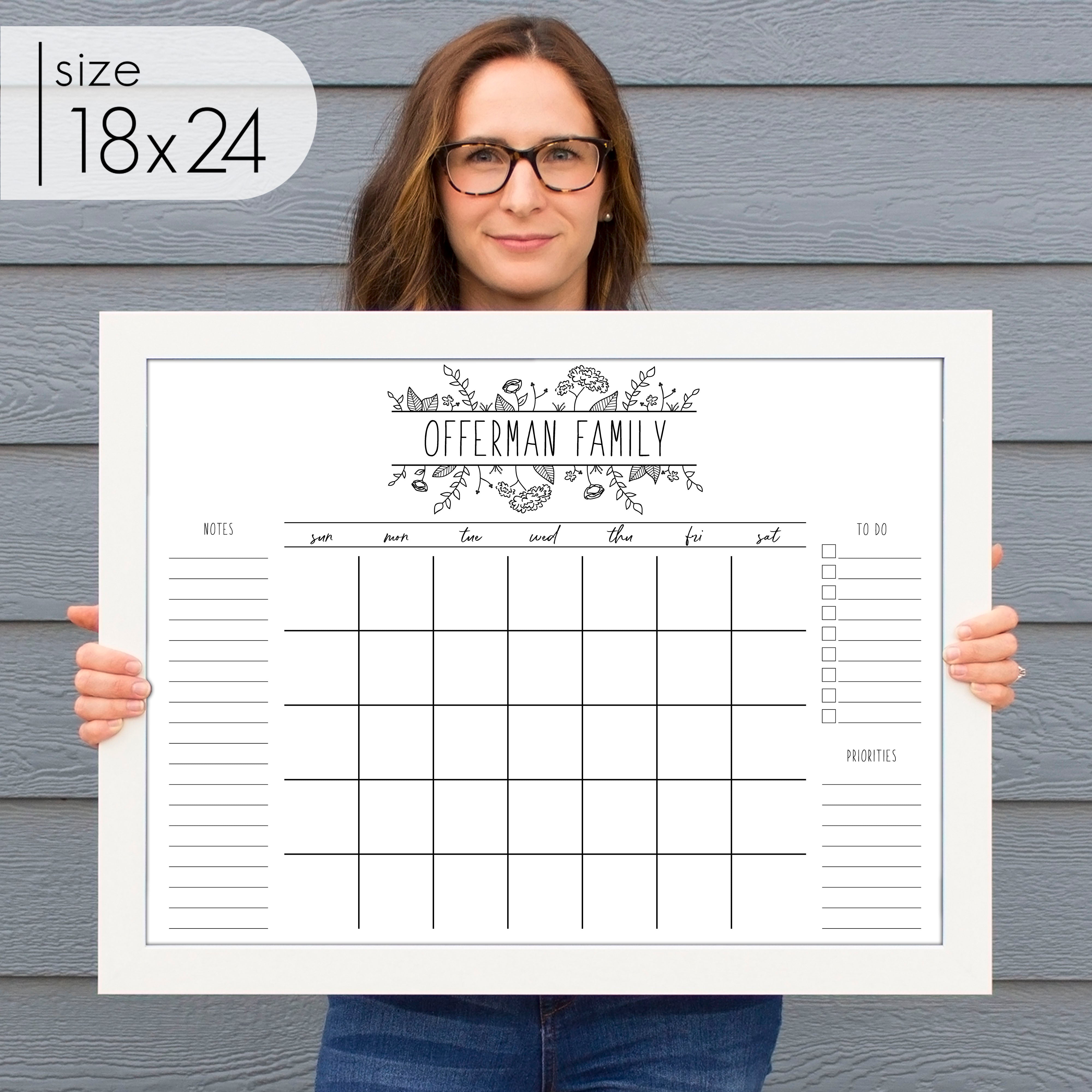 Monthly Framed Whiteboard Calendar + 3 sections | Horizontal Lucy
