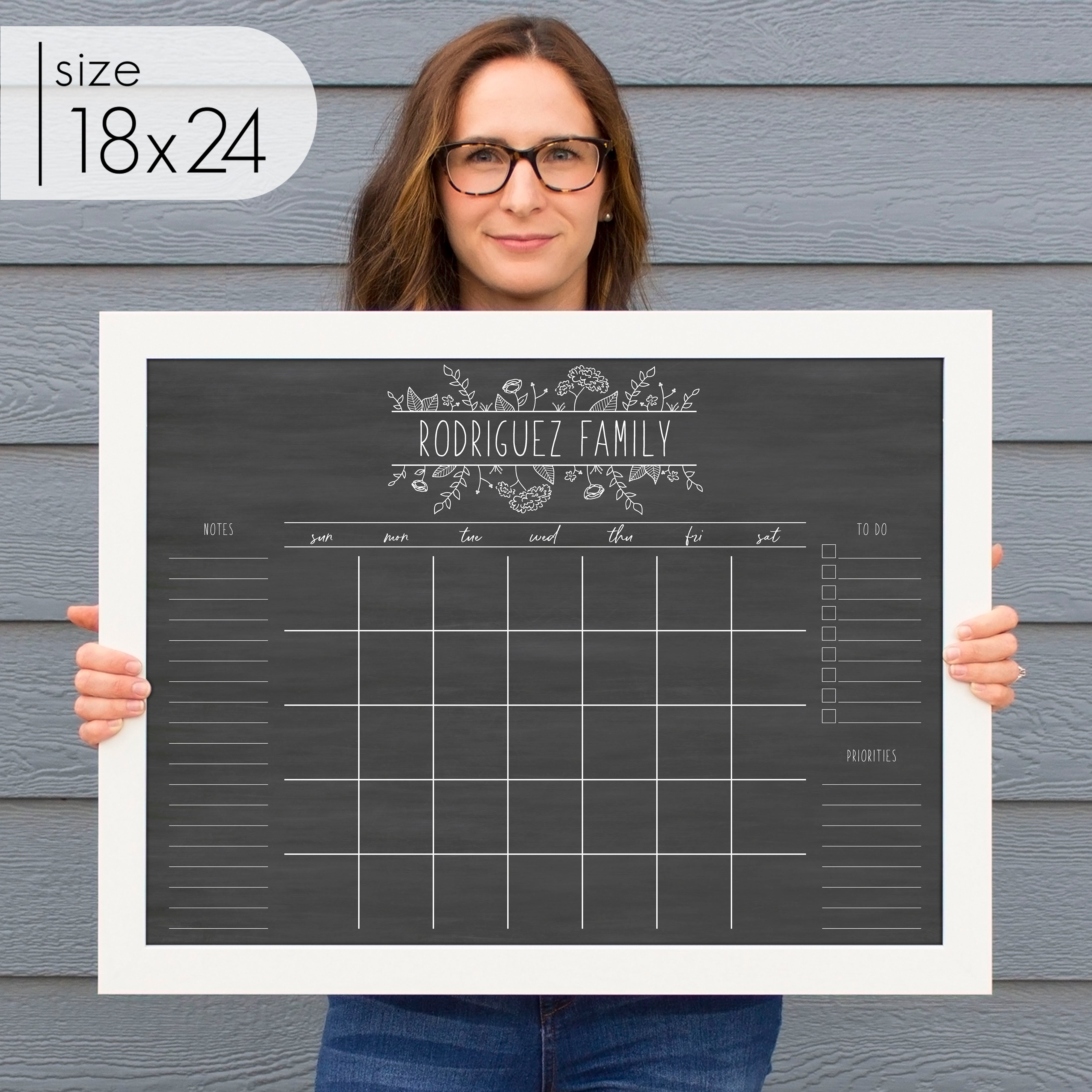 Monthly Framed Chalkboard Calendar + 3 sections | Horizontal Lucy